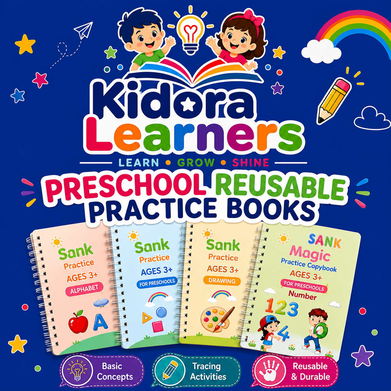 Magic Practice Copybook Set for Kids | 4 Reusable Handwriting Books